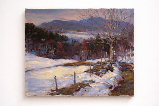 Winter landscape painting with snow-covered fields, trees, and mountains.